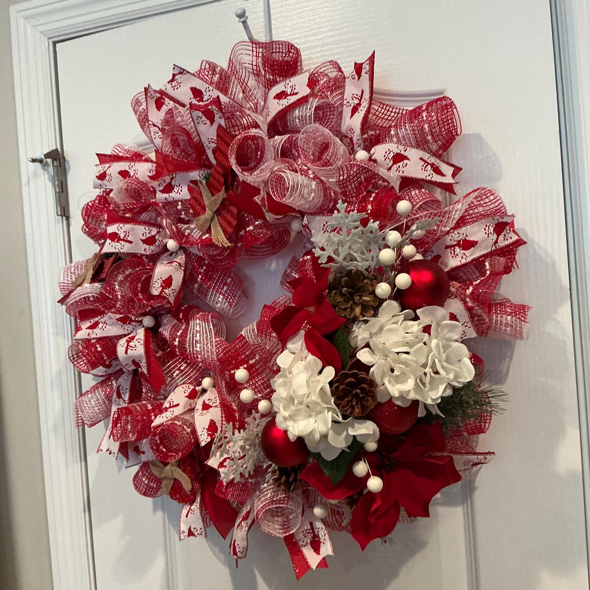 Cardinal Christmas Wreath, 18 Inch, Red White Winter Door Decor, Poinsettia Hydrangea Pinecone — photo 3