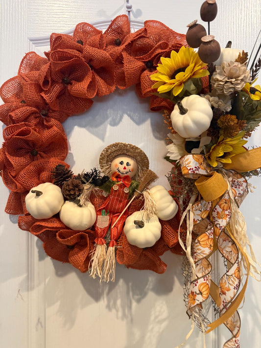 Scarecrow Fall Wreath, 18 Inch Burnt Orange Burlap with Sunflowers and White Pumpkins — actual product photo