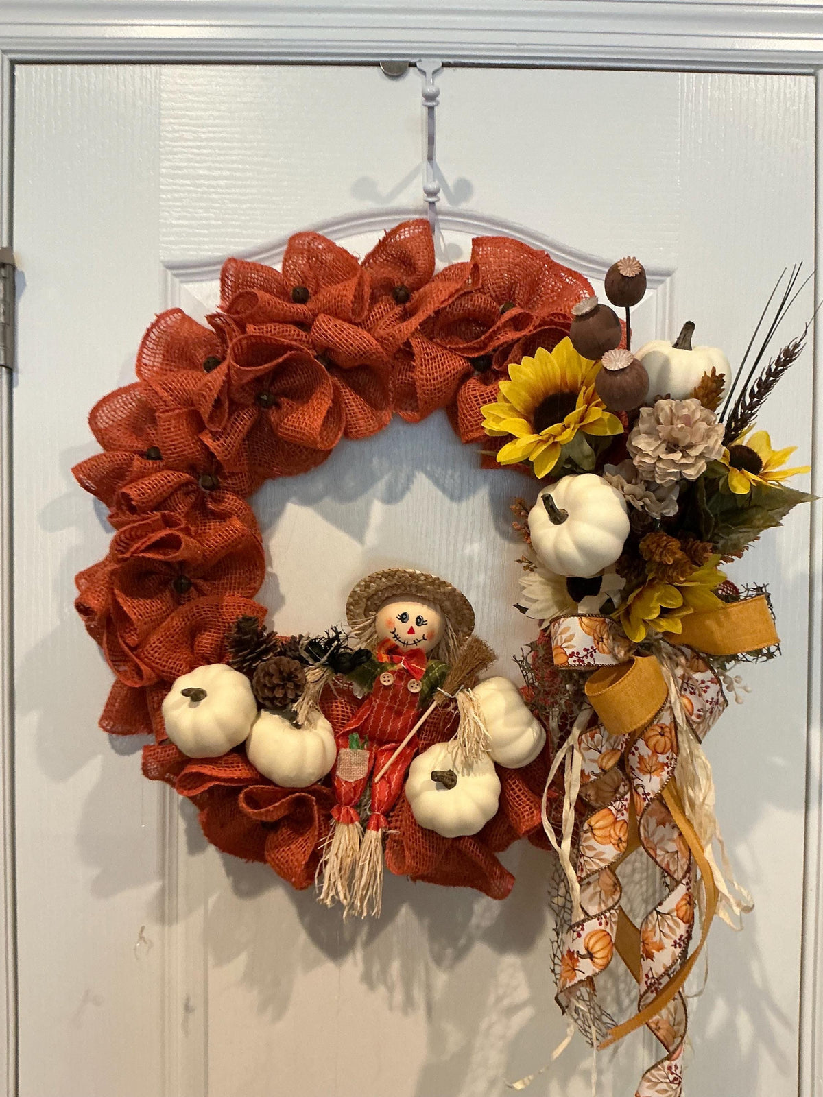 Scarecrow Fall Wreath, 18 Inch Burnt Orange Burlap with Sunflowers and White Pumpkins — photo 2
