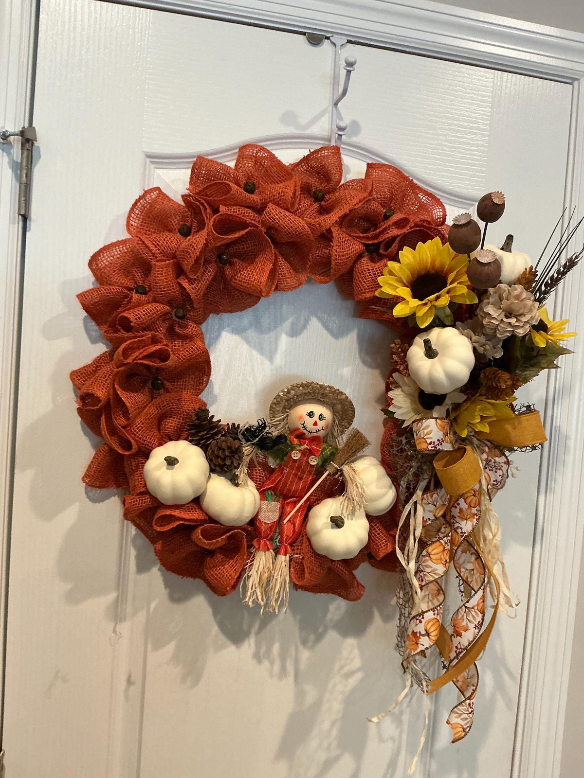 Scarecrow Fall Wreath, 18 Inch Burnt Orange Burlap with Sunflowers and White Pumpkins — photo 3