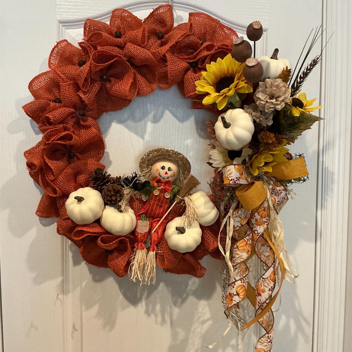 Scarecrow Fall Wreath, 18 Inch Burnt Orange Burlap with Sunflowers and White Pumpkins — photo 4