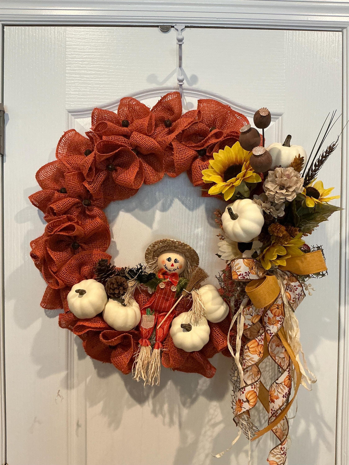 Scarecrow Fall Wreath, 18 Inch Burnt Orange Burlap with Sunflowers and White Pumpkins — photo 5