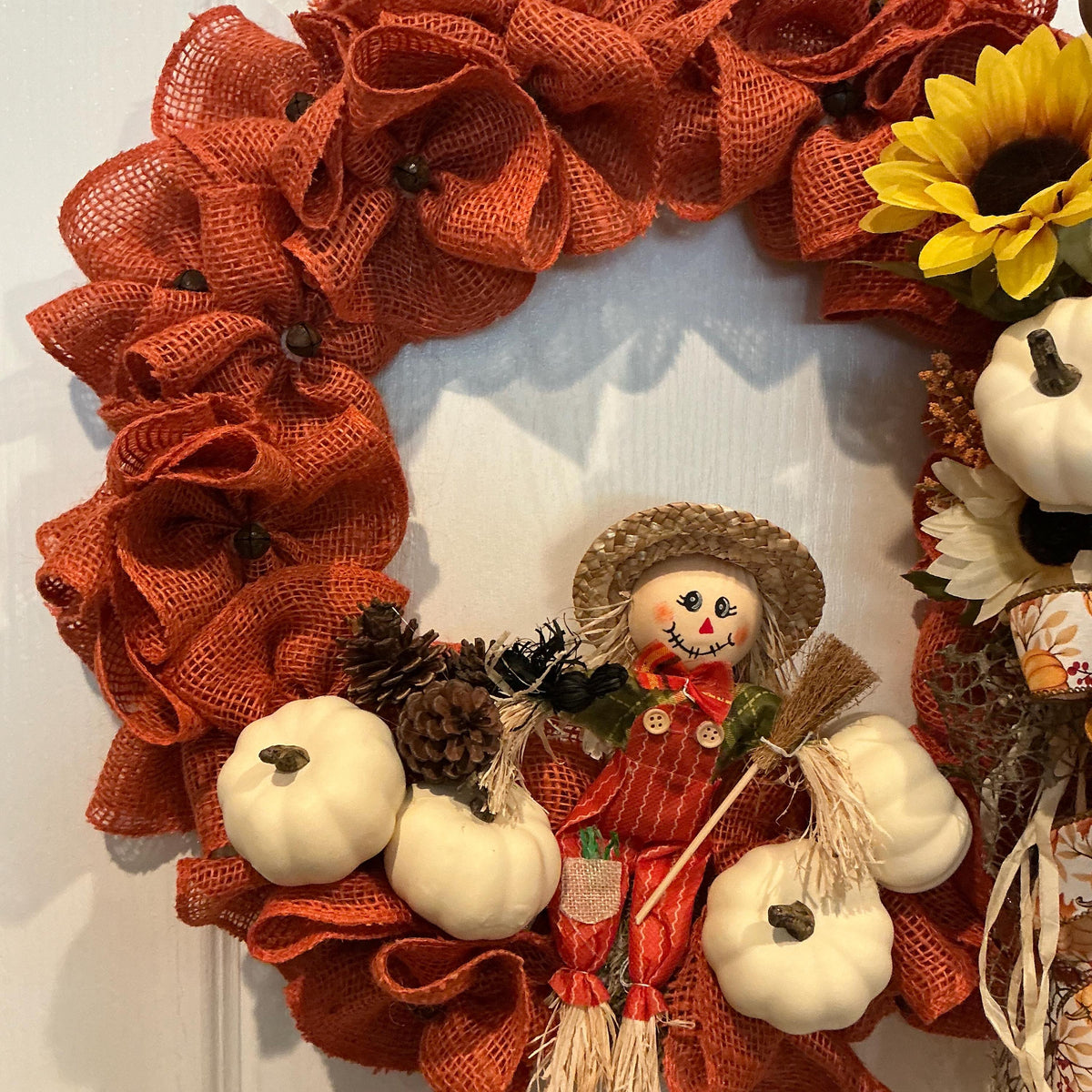 Scarecrow Fall Wreath, 18 Inch Burnt Orange Burlap with Sunflowers and White Pumpkins — photo 6
