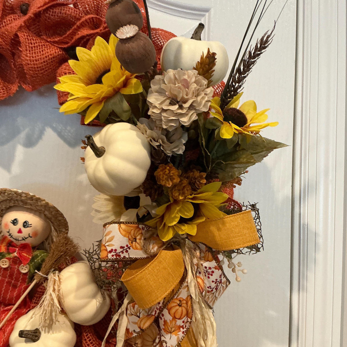 Scarecrow Fall Wreath, 18 Inch Burnt Orange Burlap with Sunflowers and White Pumpkins — photo 7