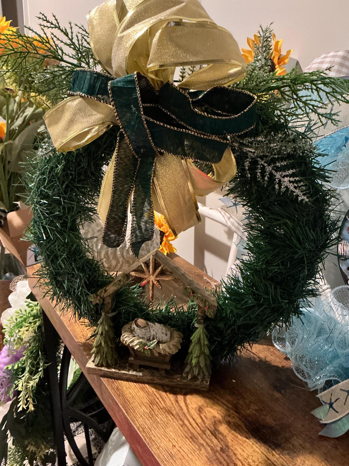 Handmade Nativity Christmas Wreath, Religious Holiday Decor, Table Centerpiece — actual product photo