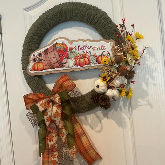 Hello Fall Chenille Front Door Wreath, Sunflowers, White Pumpkins, Plaid Bow, 18 Inch — actual product photo