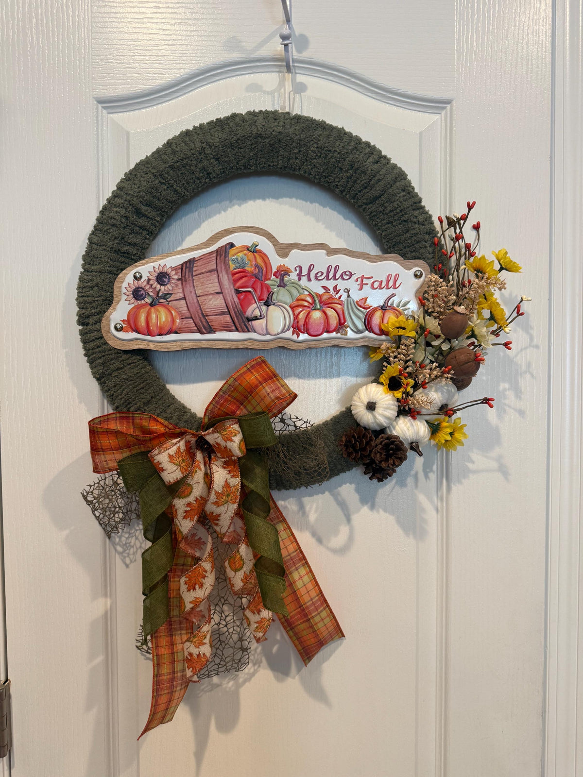 Hello Fall Chenille Front Door Wreath, Sunflowers, White Pumpkins, Plaid Bow, 18 Inch — photo 2