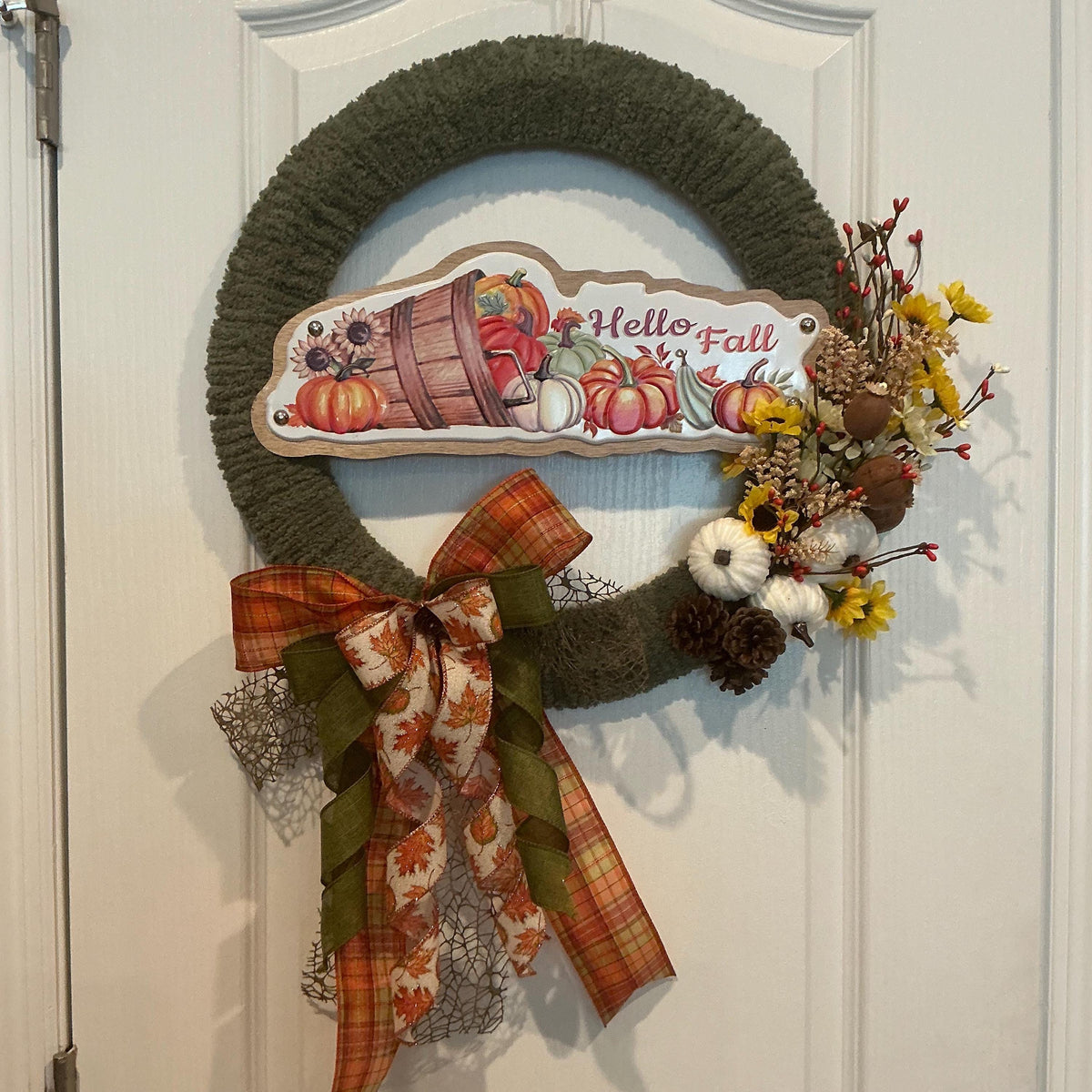 Hello Fall Chenille Front Door Wreath, Sunflowers, White Pumpkins, Plaid Bow, 18 Inch — photo 3