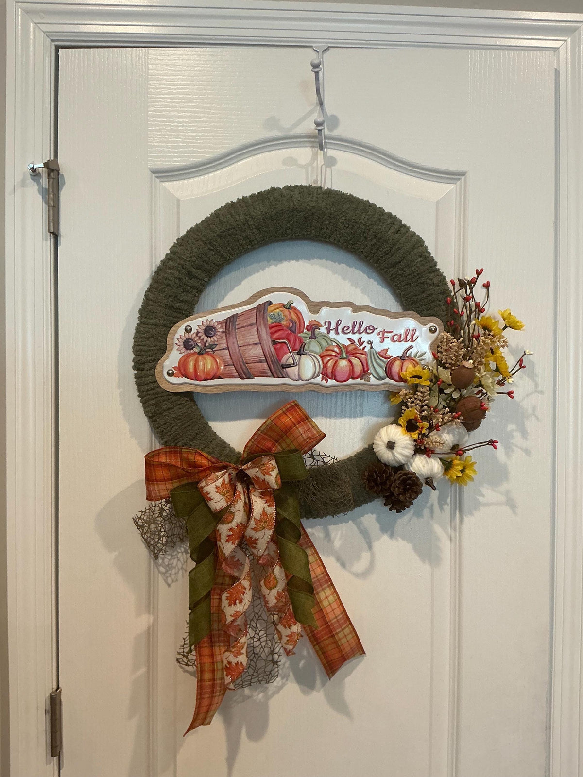 Hello Fall Chenille Front Door Wreath, Sunflowers, White Pumpkins, Plaid Bow, 18 Inch — photo 4