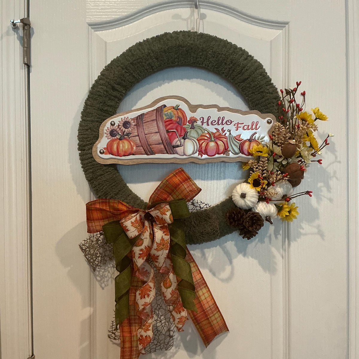 Hello Fall Chenille Front Door Wreath, Sunflowers, White Pumpkins, Plaid Bow, 18 Inch — photo 5