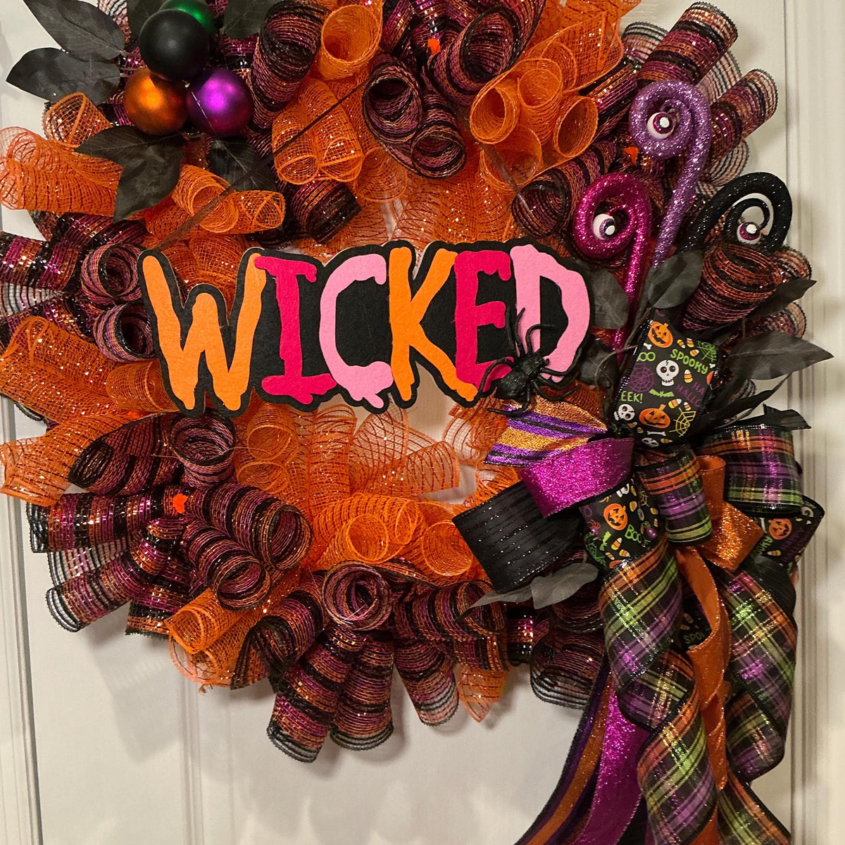 Wicked Halloween Wreath, 18 Inch Orange Purple Deco Curl Door Decor with Spider Bow — photo 2