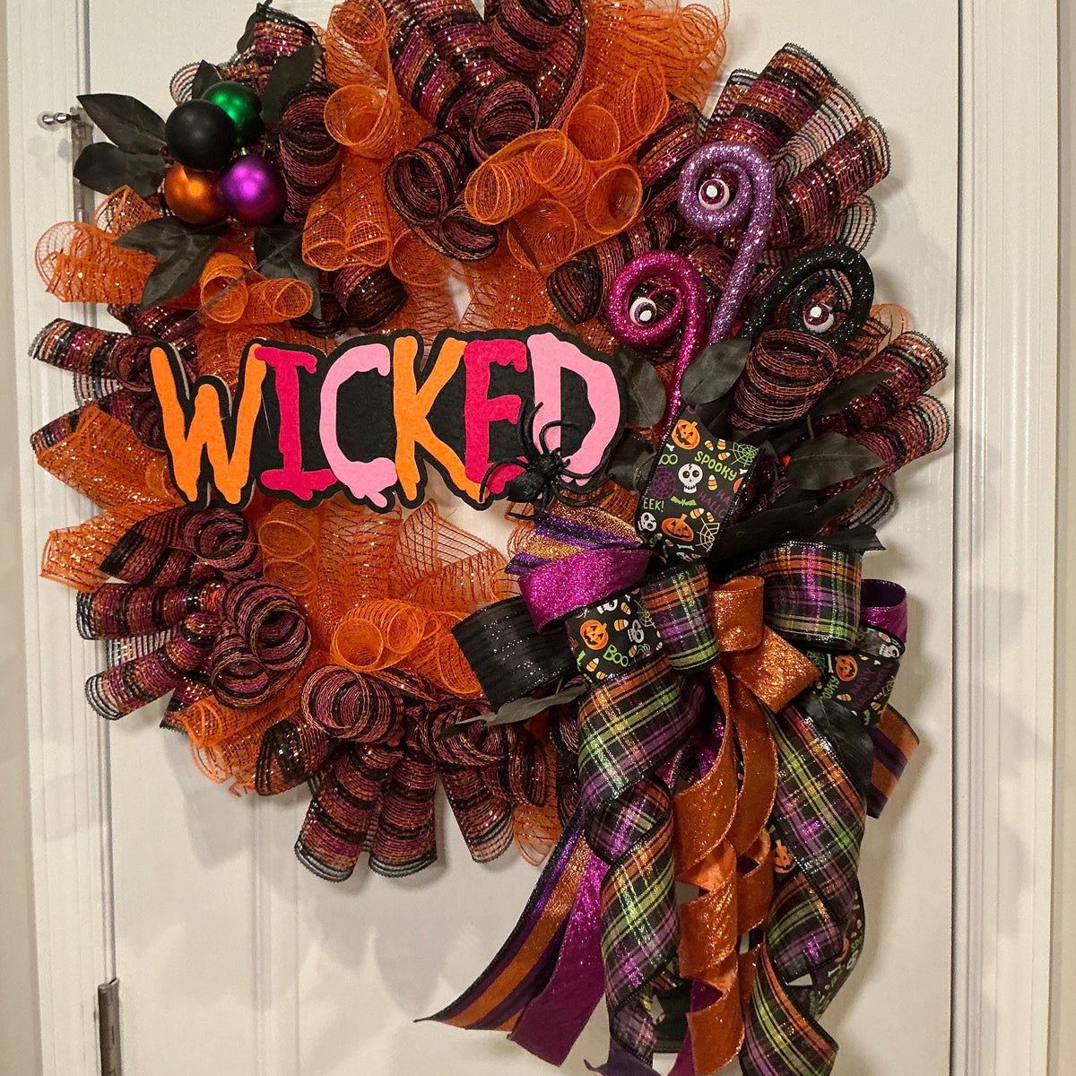 Wicked Halloween Wreath, 18 Inch Orange Purple Deco Curl Door Decor with Spider Bow — photo 3