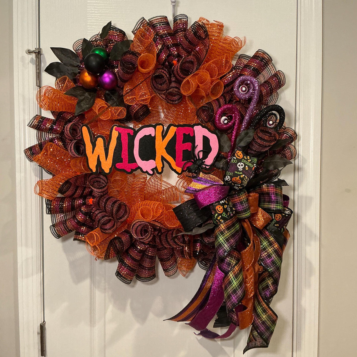 Wicked Halloween Wreath, 18 Inch Orange Purple Deco Curl Door Decor with Spider Bow — photo 5