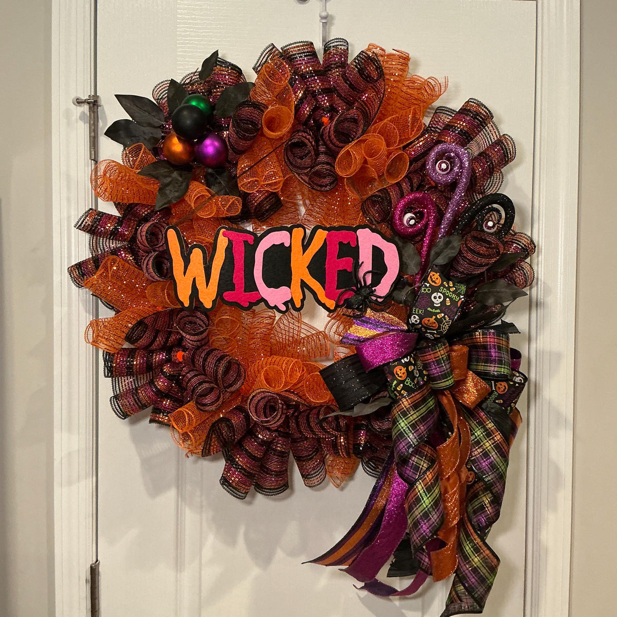 Wicked Halloween Wreath, 18 Inch Orange Purple Deco Curl Door Decor with Spider Bow — photo 6