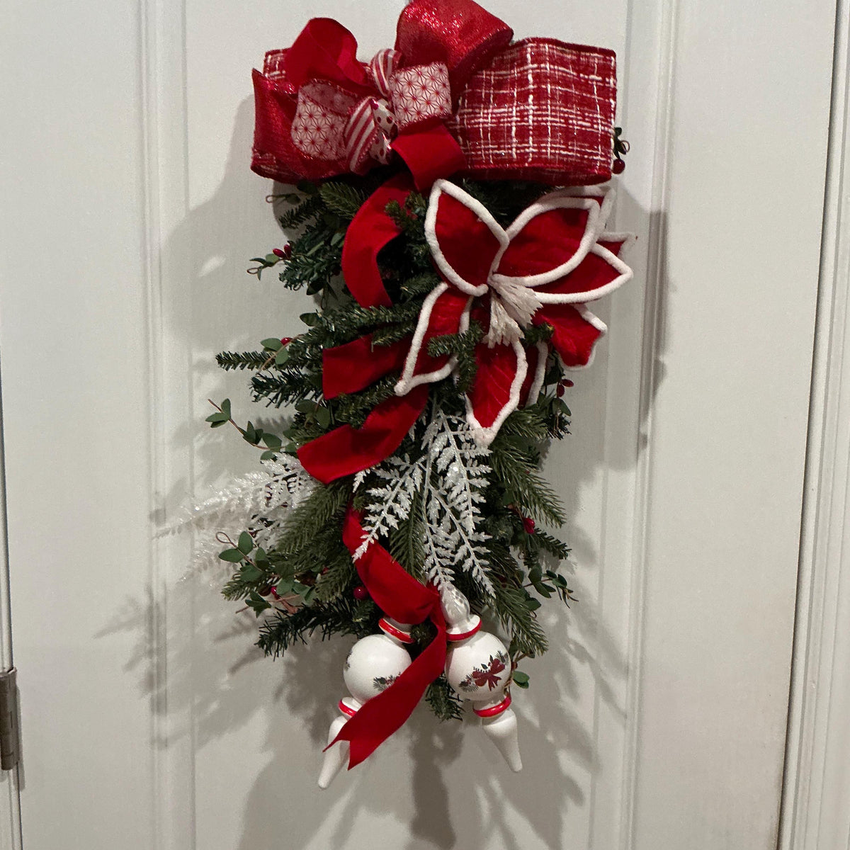 Handcrafted Christmas Door Swag, Poinsettia, Pine, Farmhouse Holiday Decor — actual product photo