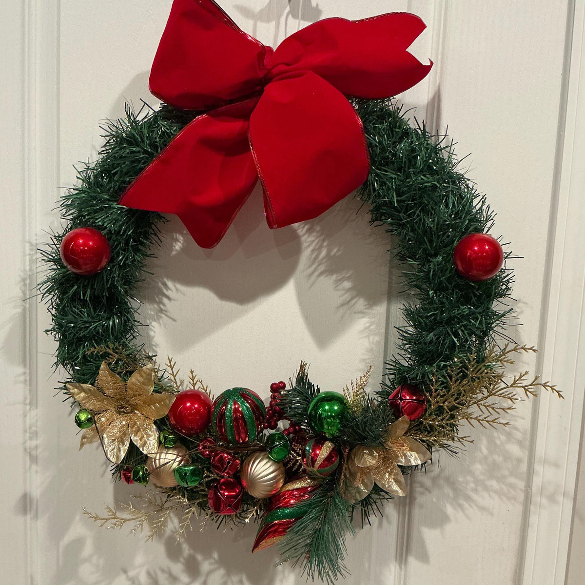 Traditional Christmas Wreath, Red Green Gold Poinsettias, Velvet Bow Front Door Decor — photo 2