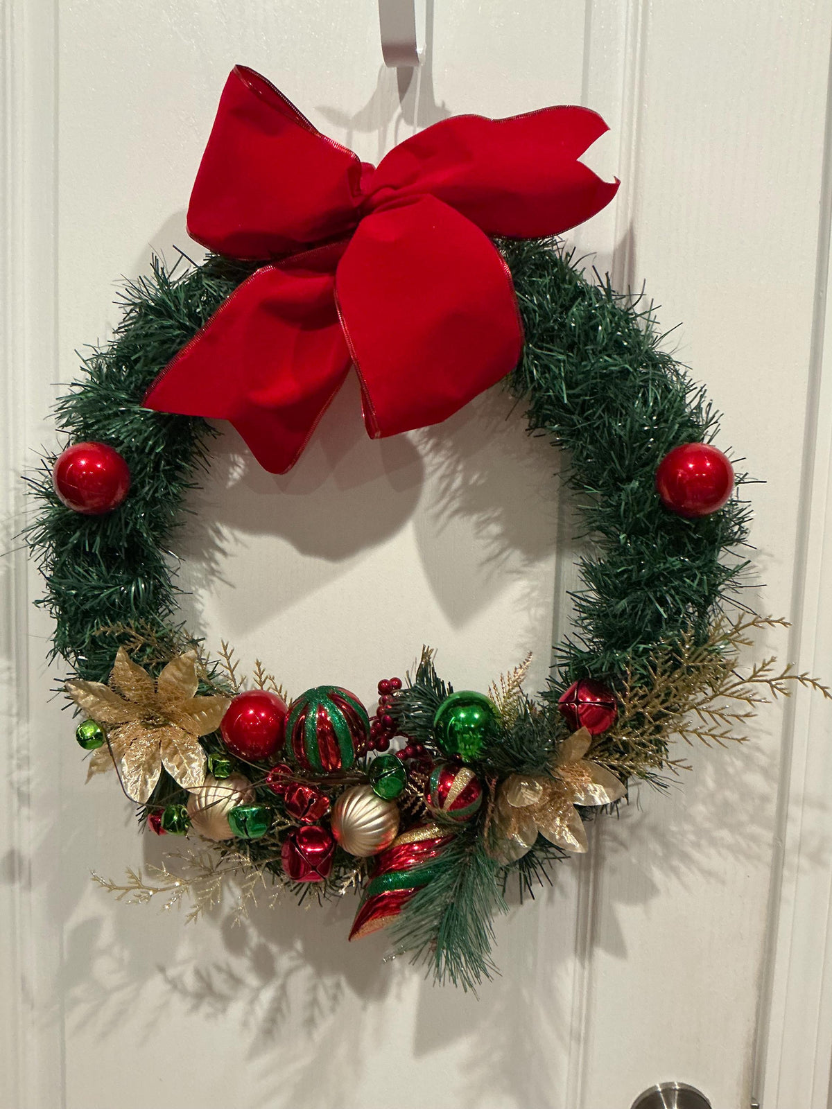 Traditional Christmas Wreath, Red Green Gold Poinsettias, Velvet Bow Front Door Decor — photo 3
