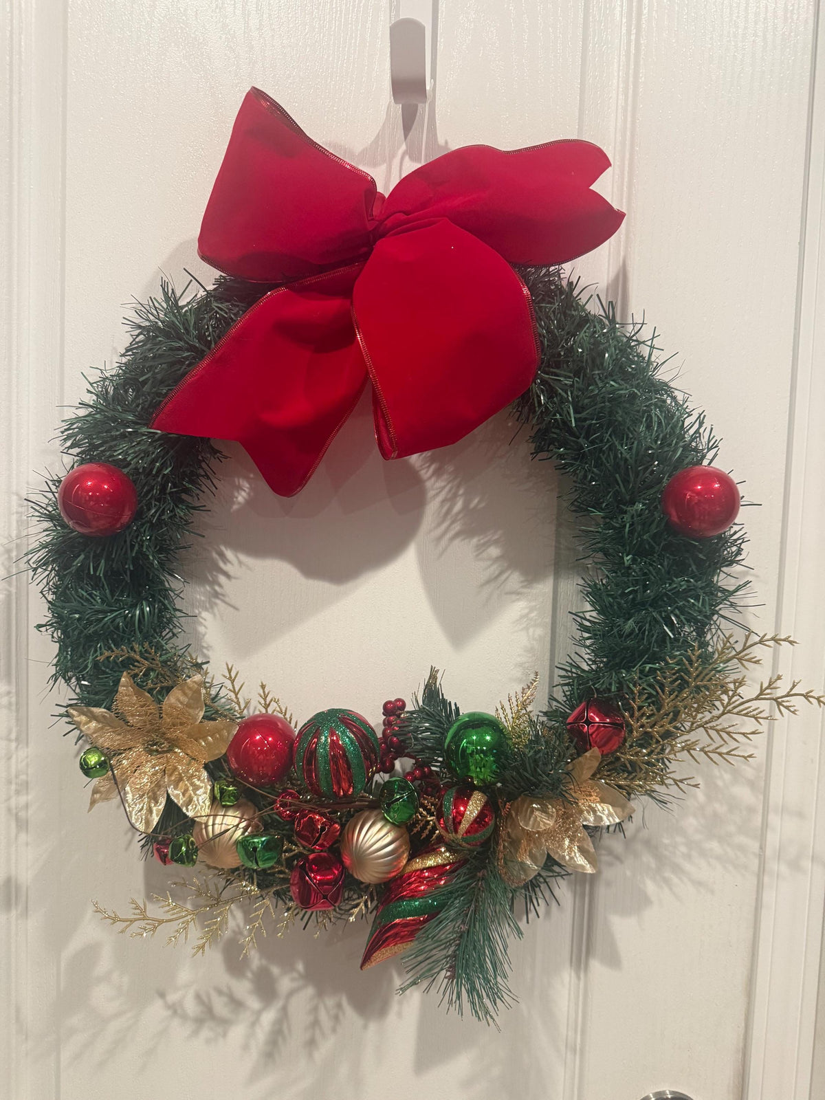 Traditional Christmas Wreath, Red Green Gold Poinsettias, Velvet Bow Front Door Decor — photo 4