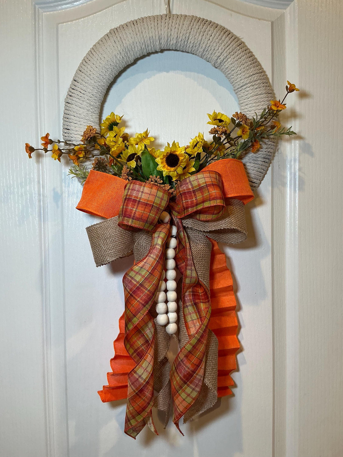 Rope Wrapped Sunflower Wreath, 14 Inch Fall Farmhouse Decor with Wood Beads — actual product photo