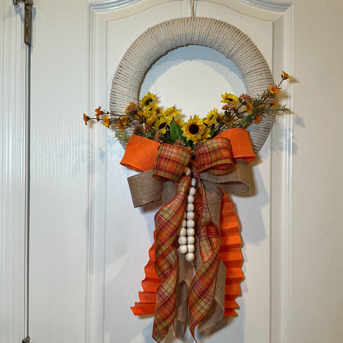 Rope Wrapped Sunflower Wreath, 14 Inch Fall Farmhouse Decor with Wood Beads — photo 2