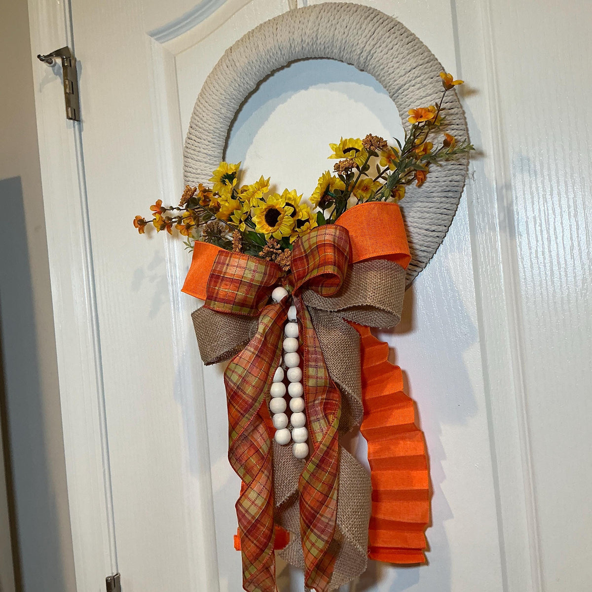 Rope Wrapped Sunflower Wreath, 14 Inch Fall Farmhouse Decor with Wood Beads — photo 3