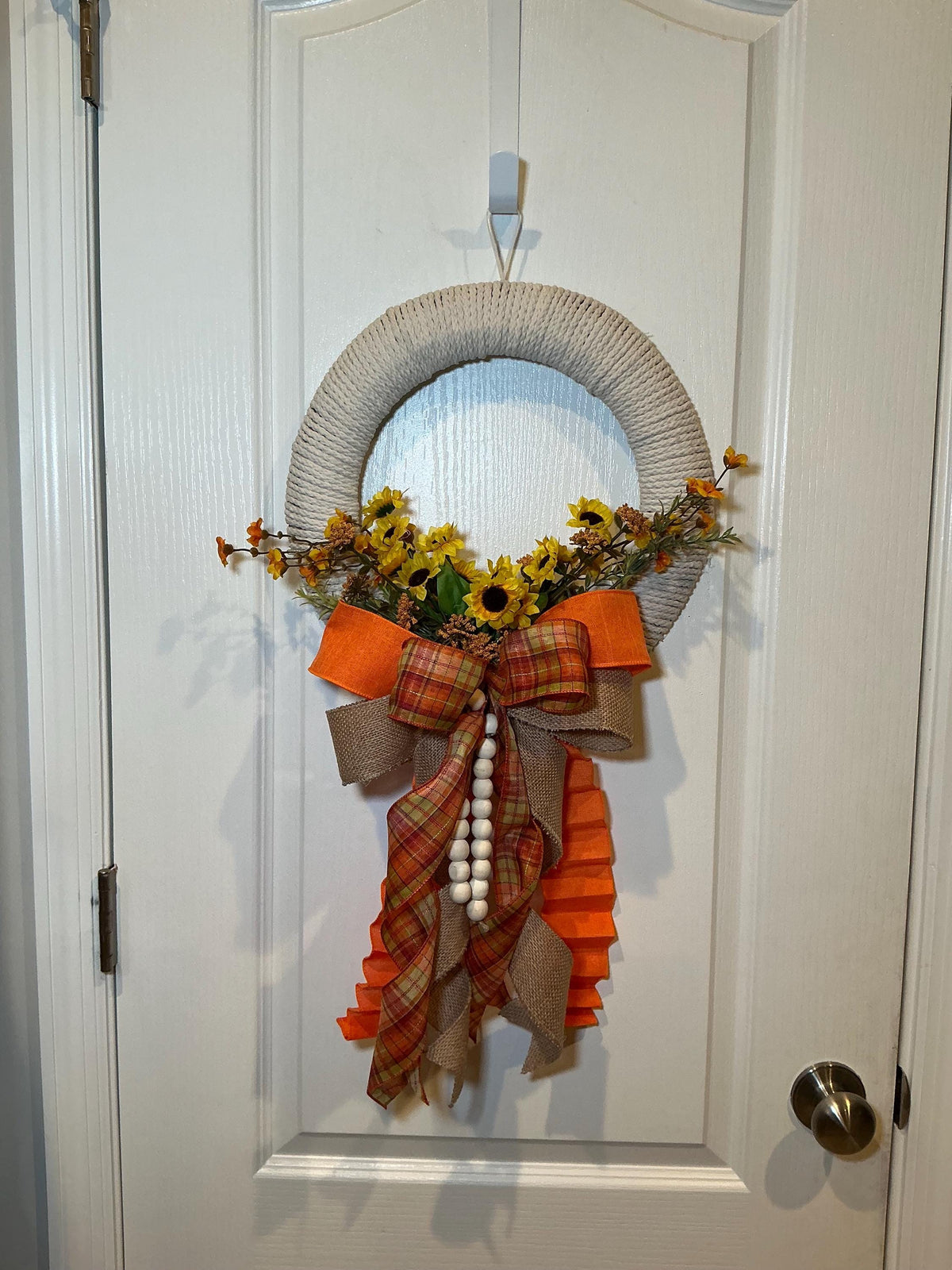 Rope Wrapped Sunflower Wreath, 14 Inch Fall Farmhouse Decor with Wood Beads — photo 6
