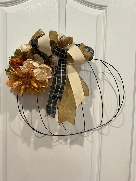 Wire Pumpkin Fall Wreath, 17 Inch Black Metal Frame with Florals and Navy Plaid Bow — actual product photo