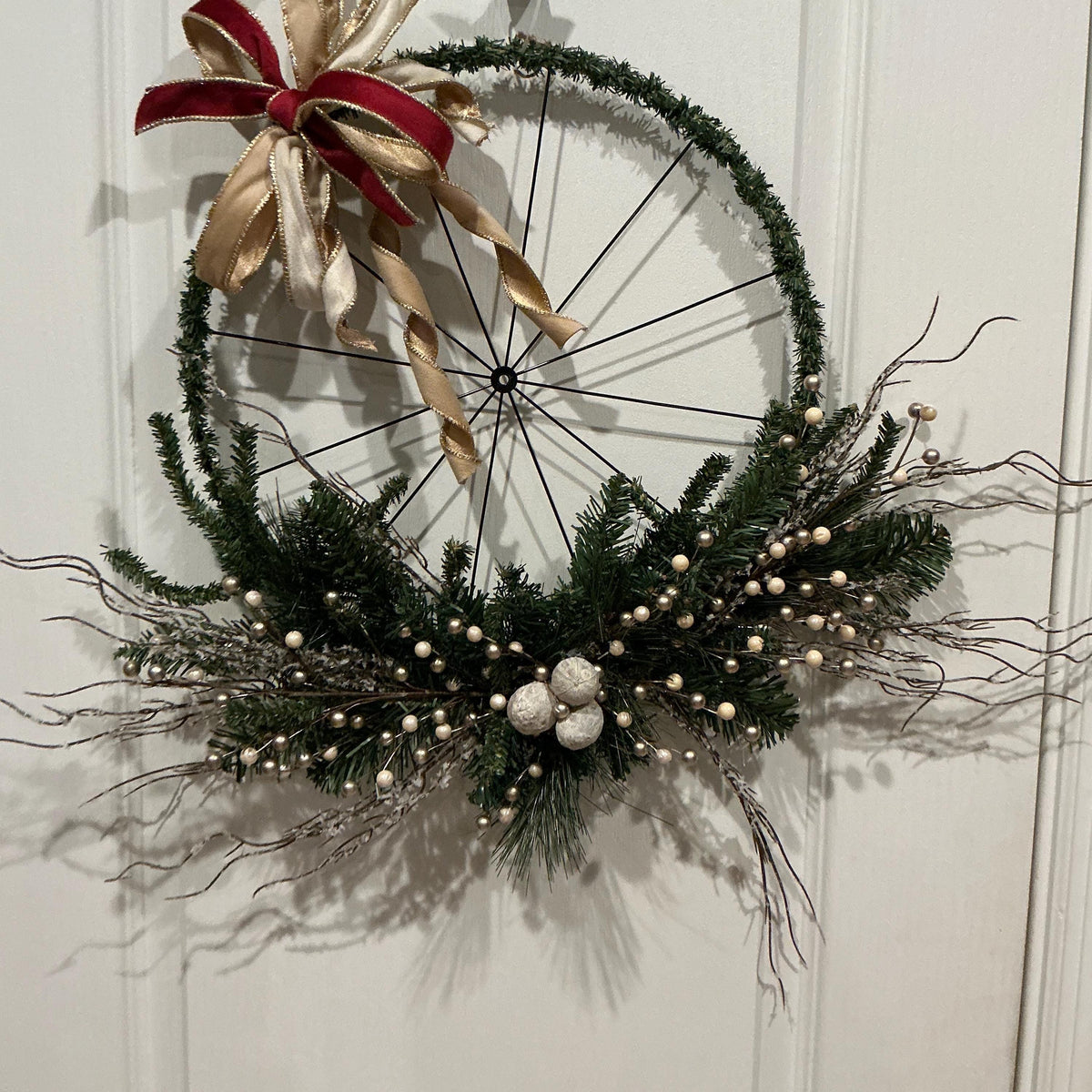 Rustic Bicycle Wheel Christmas Wreath, 14 Inch Farmhouse Holiday Decor — actual product photo