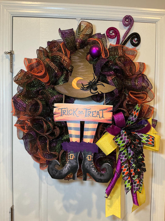 Witch Hat Halloween Wreath, Trick or Treat Front Door Wreath, Purple Orange Black Witch Decor — actual product photo