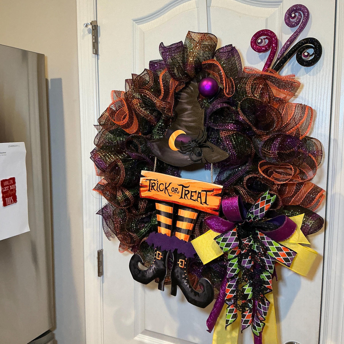 Witch Hat Halloween Wreath, Trick or Treat Front Door Wreath, Purple Orange Black Witch Decor — photo 6