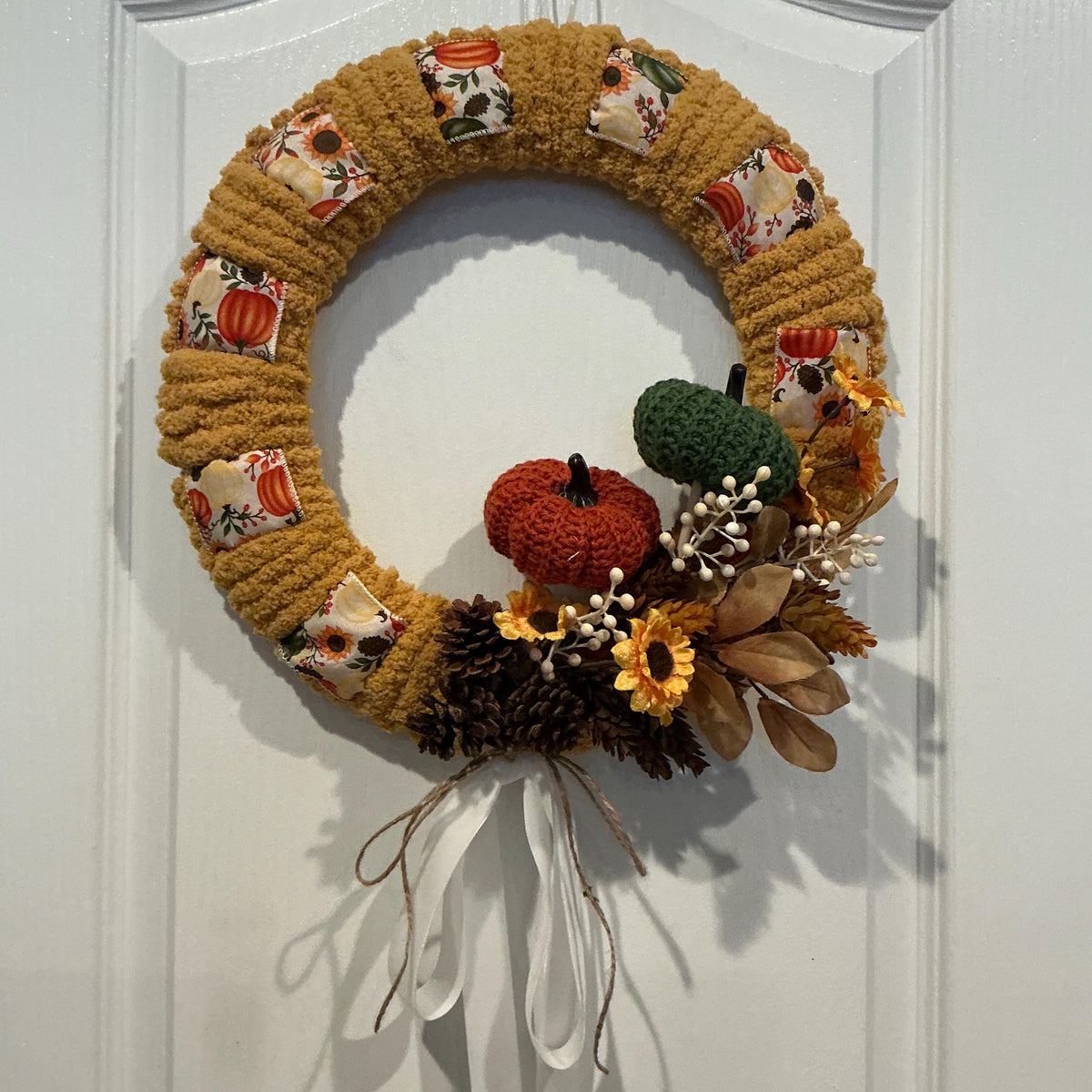 Crochet Pumpkin Fall Wreath with Mustard Yarn, Sunflowers and Pinecones, 15 Inch — photo 2