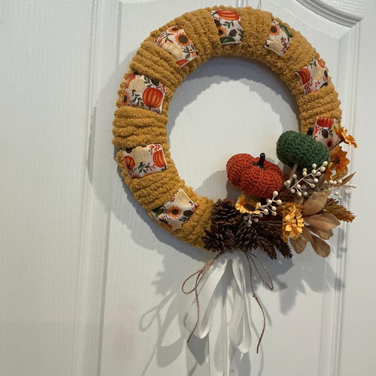 Crochet Pumpkin Fall Wreath with Mustard Yarn, Sunflowers and Pinecones, 15 Inch — photo 3