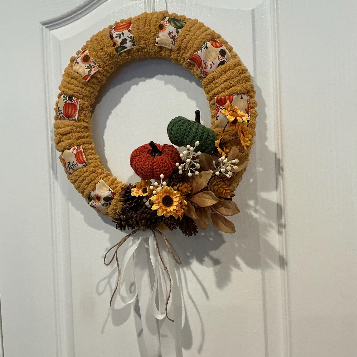 Crochet Pumpkin Fall Wreath with Mustard Yarn, Sunflowers and Pinecones, 15 Inch — photo 4