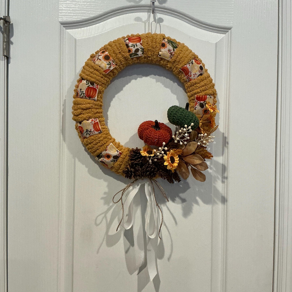 Crochet Pumpkin Fall Wreath with Mustard Yarn, Sunflowers and Pinecones, 15 Inch — photo 5