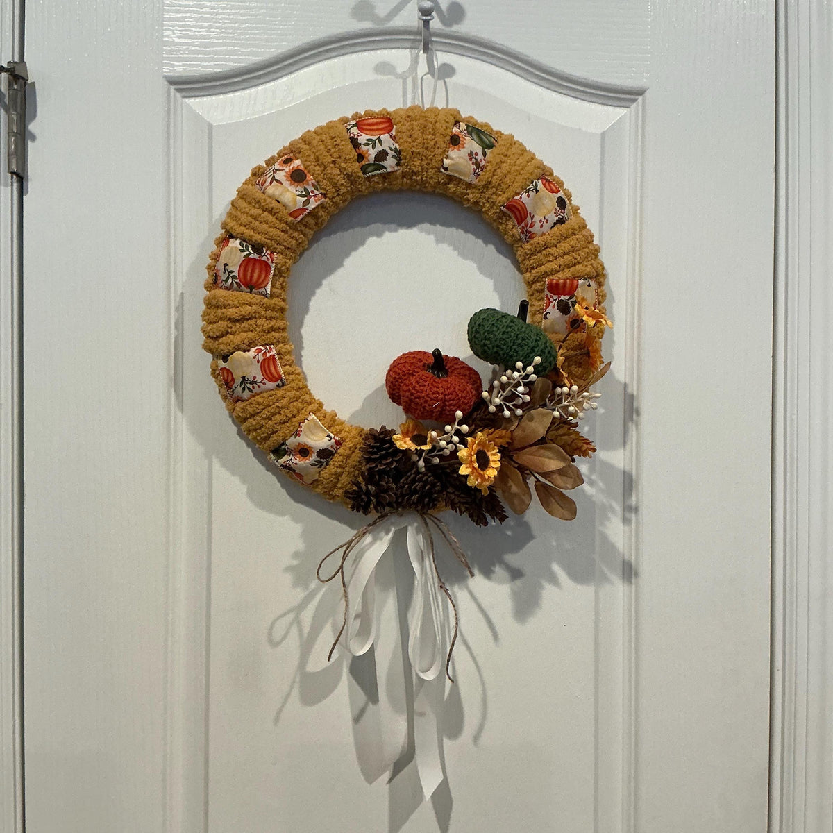 Crochet Pumpkin Fall Wreath with Mustard Yarn, Sunflowers and Pinecones, 15 Inch — photo 6