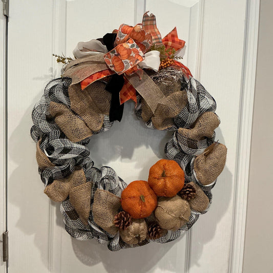 Buffalo Plaid Pumpkin Fall Wreath, Black White Burlap and Orange Bow — actual product photo