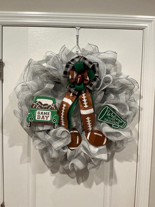 Game Day Football Wreath 18 Inch, Tailgate Party Front Door Decor, Farmhouse Mesh Wreath, Football Season Home Decor, Sports Fan Gift — actual product photo