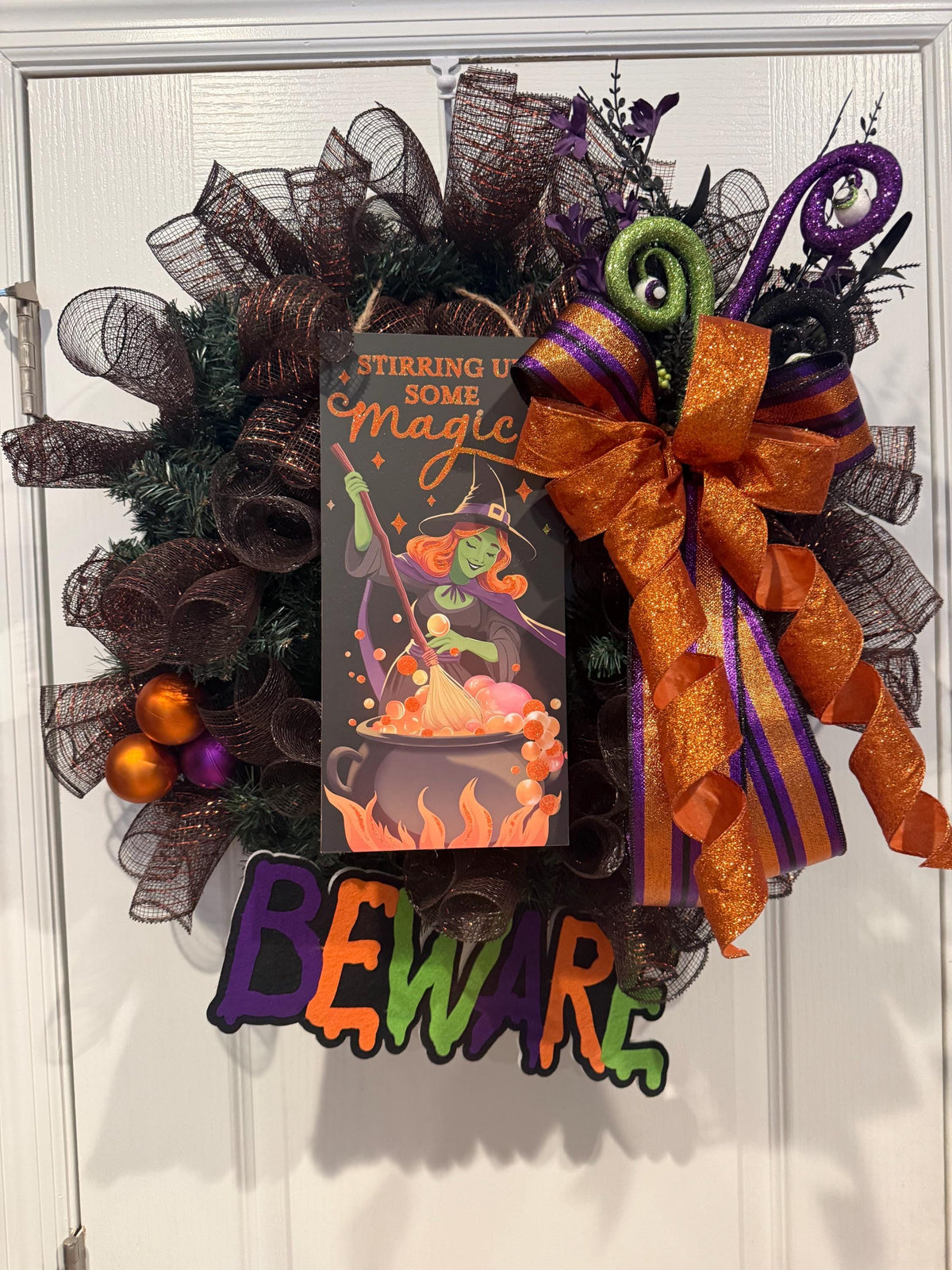 Stirring Up Some Magic Halloween Wreath, Black Copper Mesh with Beware Signs — actual product photo
