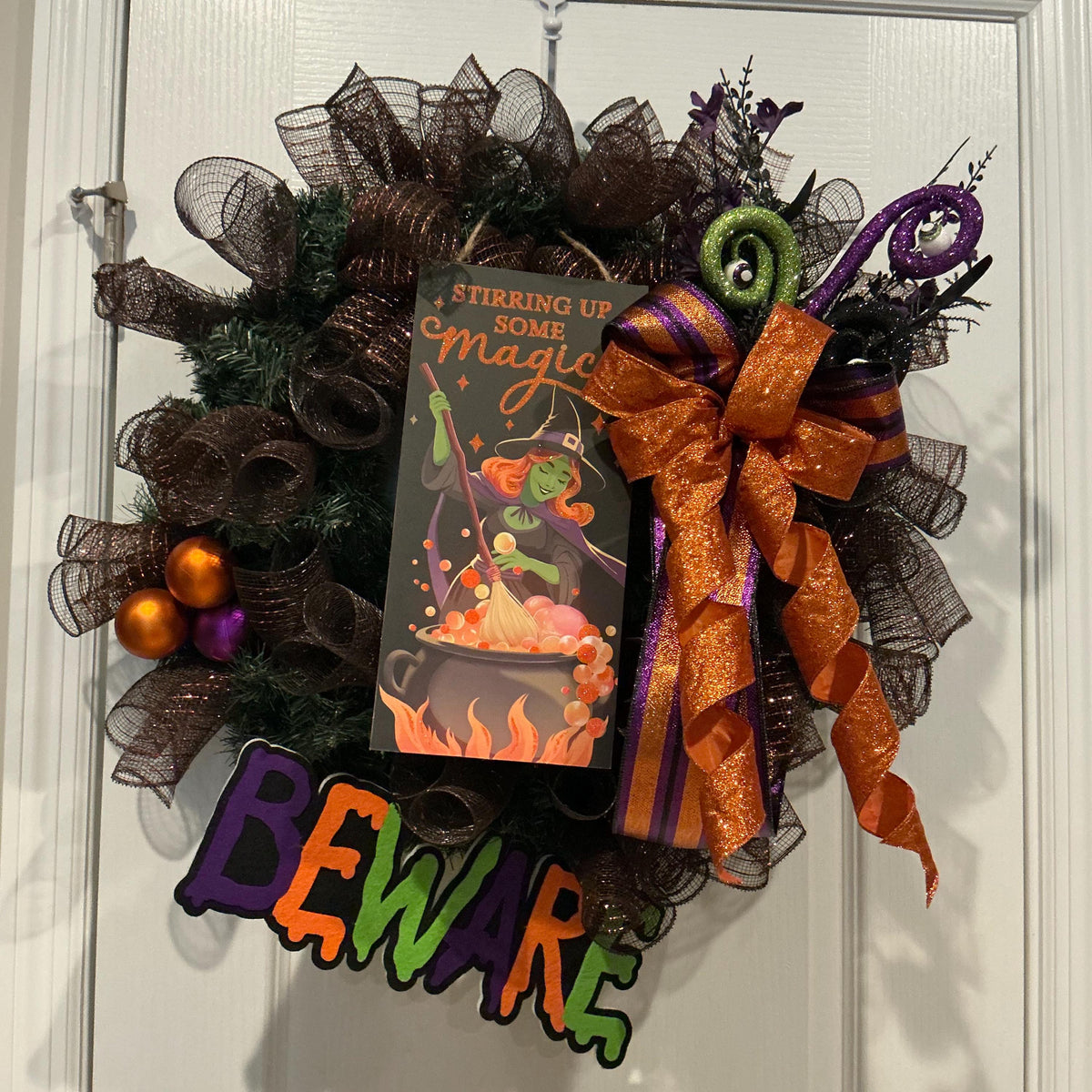 Stirring Up Some Magic Halloween Wreath, Black Copper Mesh with Beware Signs — photo 2