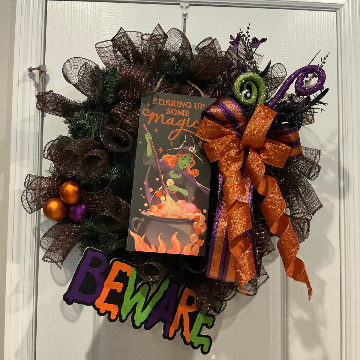 Stirring Up Some Magic Halloween Wreath, Black Copper Mesh with Beware Signs — photo 3