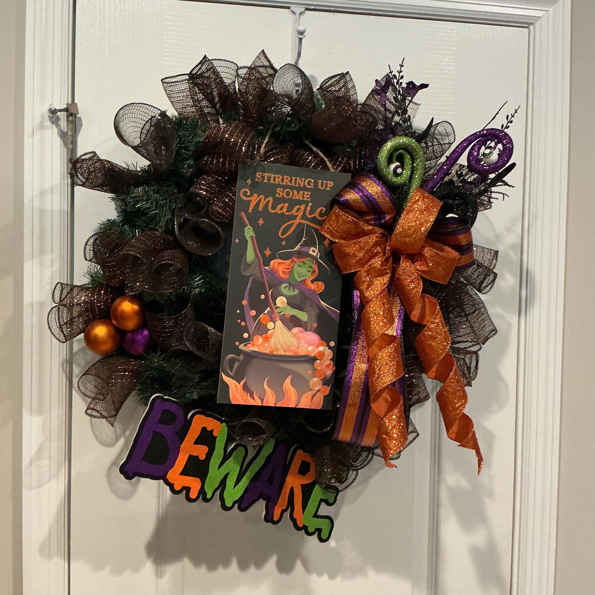 Stirring Up Some Magic Halloween Wreath, Black Copper Mesh with Beware Signs — photo 4