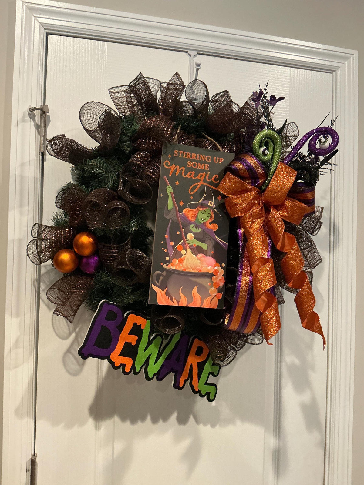 Stirring Up Some Magic Halloween Wreath, Black Copper Mesh with Beware Signs — photo 5