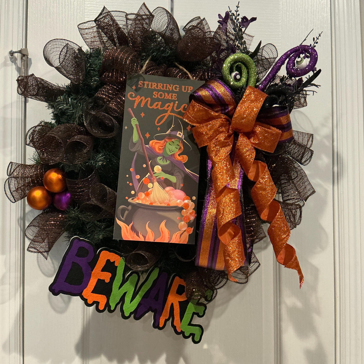 Stirring Up Some Magic Halloween Wreath, Black Copper Mesh with Beware Signs — photo 6