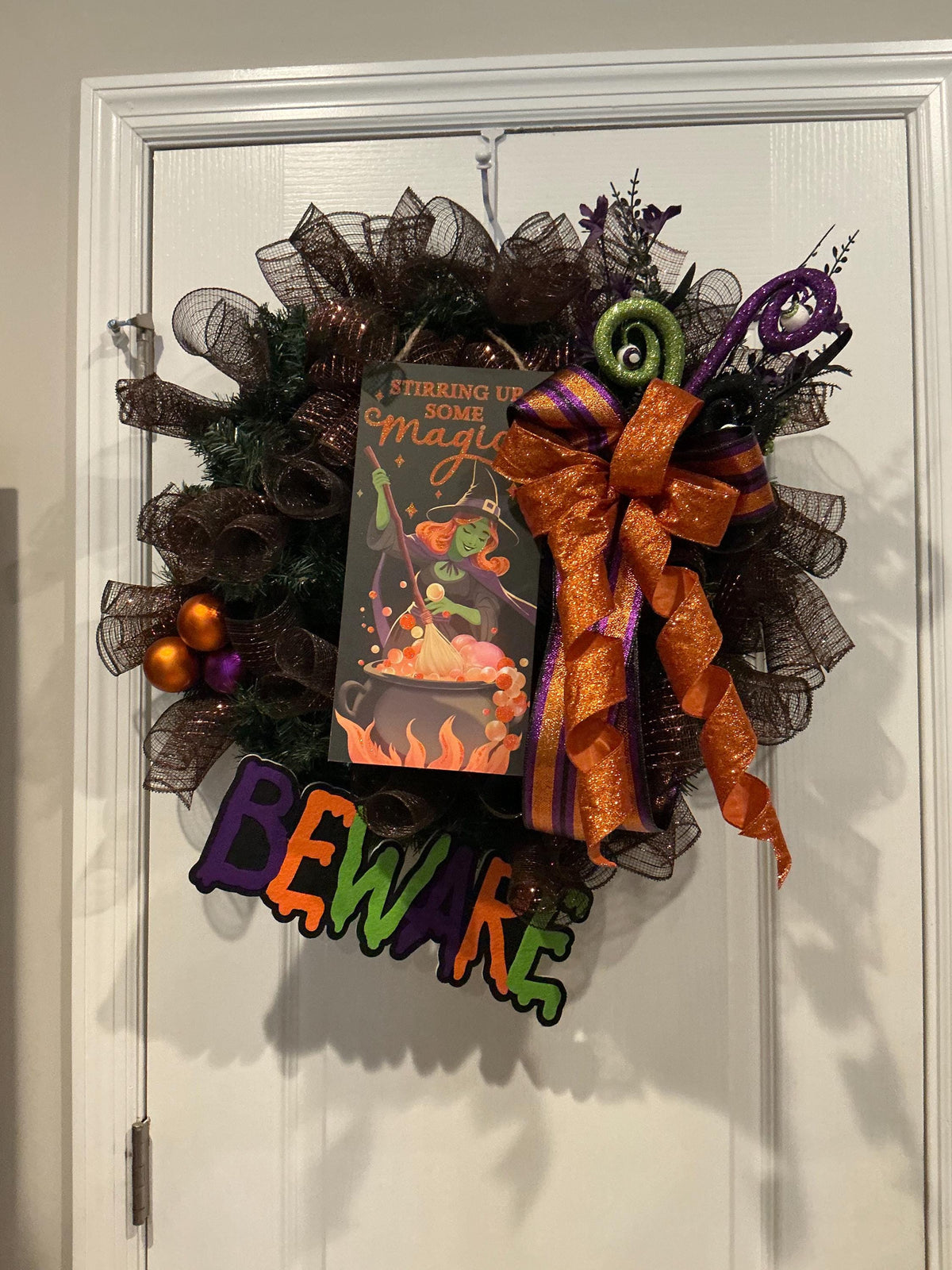 Stirring Up Some Magic Halloween Wreath, Black Copper Mesh with Beware Signs — photo 7