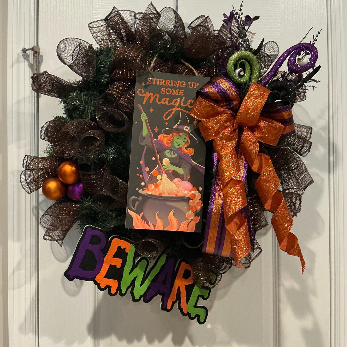 Stirring Up Some Magic Halloween Wreath, Black Copper Mesh with Beware Signs — photo 8