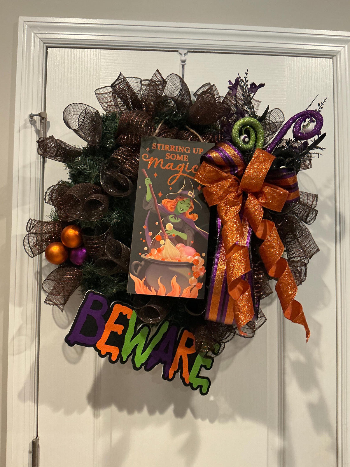 Stirring Up Some Magic Halloween Wreath, Black Copper Mesh with Beware Signs — photo 9
