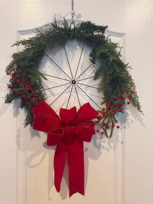 Handmade Christmas Wreath, Spoke Wheel, Pine Cedar, Red Berries, Red Bow Front Door Decor — actual product photo