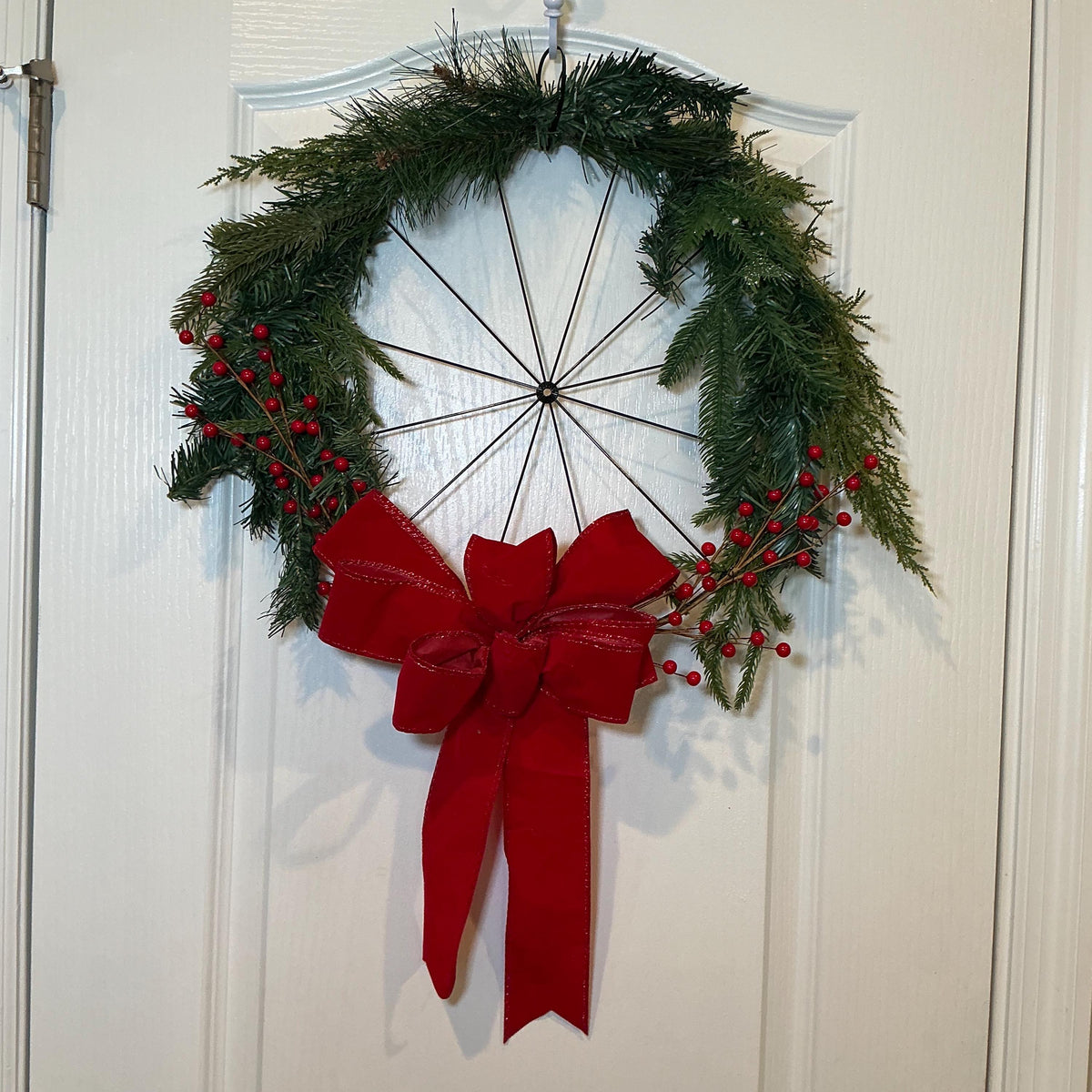 Handmade Christmas Wreath, Spoke Wheel, Pine Cedar, Red Berries, Red Bow Front Door Decor — photo 3