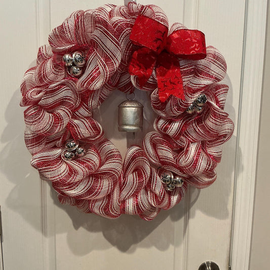 Red White Striped Christmas Wreath with Bells and Bow – Festive Holiday Door Decor — actual product photo