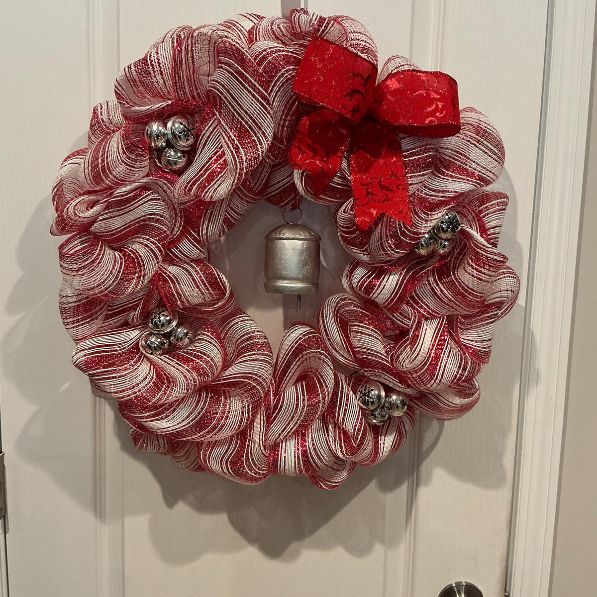 Red White Striped Christmas Wreath with Bells and Bow – Festive Holiday Door Decor — photo 2